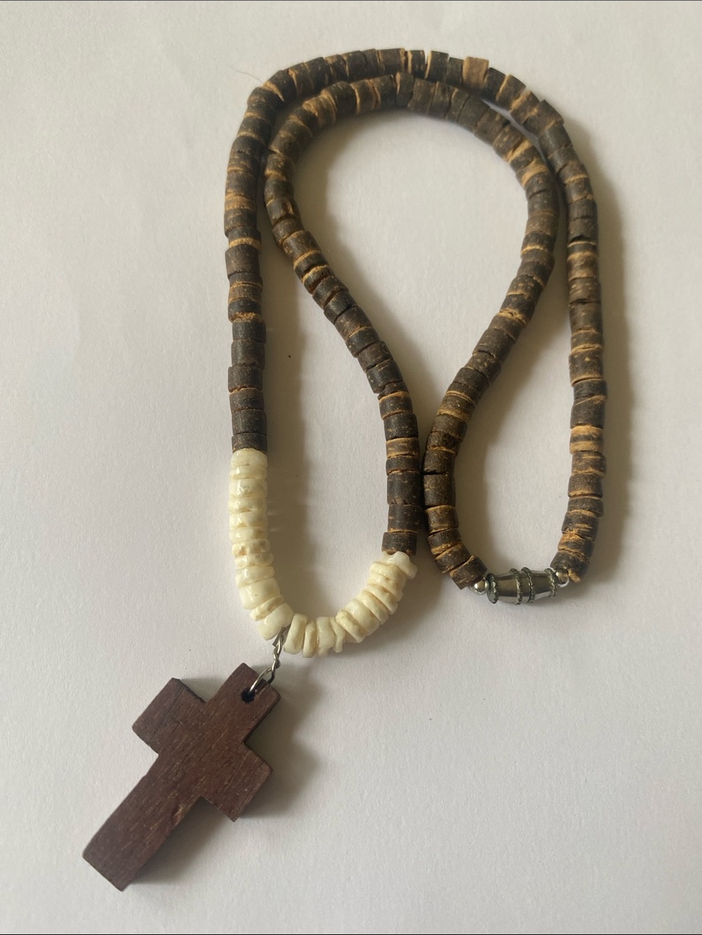 Brown Wood Cross Necklace with Cream heishi Bead Accent